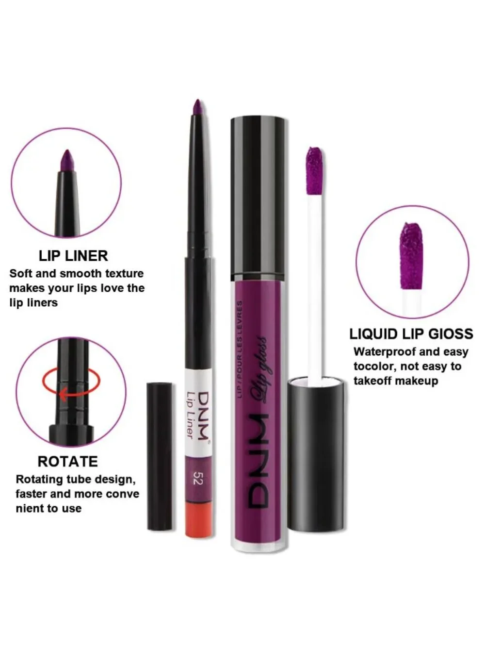 DNM 45# Plum Purple 2Pcs 24H Long-Lasting Matte Liquid Lipstick and Lip Liner